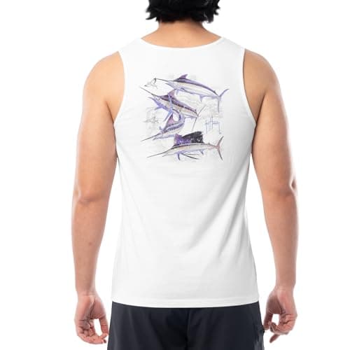 Guy Harvey Men's Fish Graphic Tank Top for Outdoor Adventures Bright Sun Protection — Bright White/Bill Collector