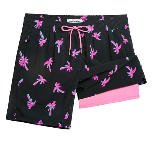 Maamgic 2 in 1 Mens Swim Trunks 7 Inch Swim Shorts - Recycled Material - Swimming, Beach - Durable and Comfortable - 32 — Coconut Tree-black