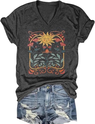 Women's Boho V-Neck Flowers T-Shirt Wildflowers Graphic Summer Tee
| Cute Women's V-Neck Wildflowers Graphic Short Slee — C-dark Gray2