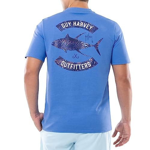 Guy Harvey Men’s Offshore Fish Collection Short Sleeve T-Shirt for Fishing Enthusiasts Feature-Fit Edition Medium Size R — Azure Blue/Tropic Tuna