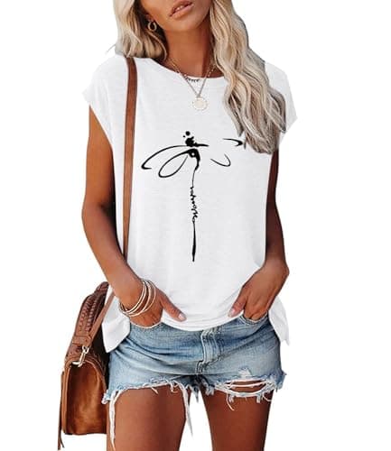 JNIFULI Women's Casual Summer Short Sleeve Graphic Tees Funny Dragonfly Printed Cute Tops
| JNIFULI Women's Funny Drago — Y-white