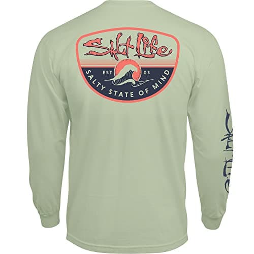 Salt Life Men's Comfortable Long Sleeve Crew Neck Tee for Casual Wear Morning Wave — Seafoam