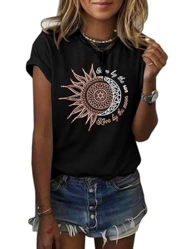 MaQiYa Women's Summer Vintage Short Sleeve Cotton Moon and Sun Printed T-Shirts Top
MaQiYa Women's Summer Graphic Tee Co — Black