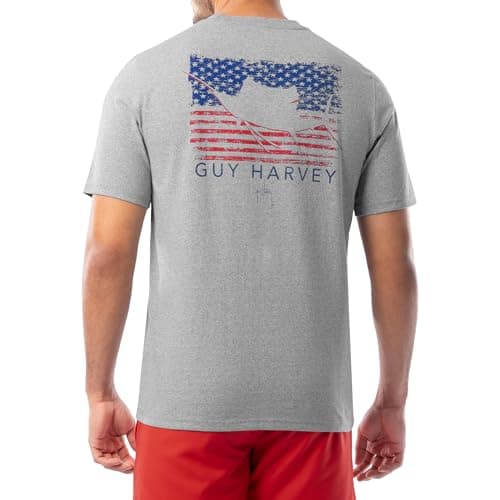 Guy Harvey Men’s Threadcycled Short Sleeve T-Shirt for Outdoor Adventures Comfort and Style — Light Grey Heather/Glory Sail