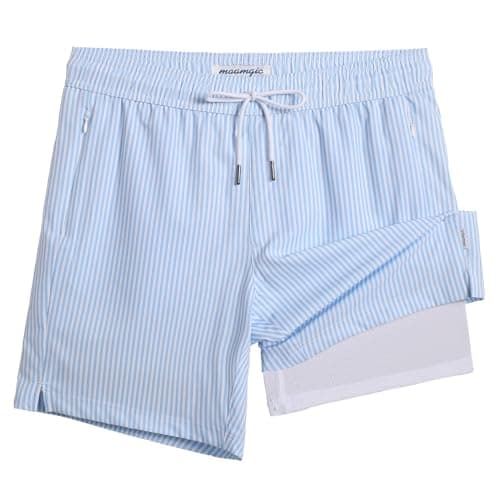 Maamgic 2 in 1 Mens Swim Trunks 7 Inch Swim Shorts - Recycled Material - Swimming, Beach - Durable and Comfortable - 32 — Blue Stripe-white