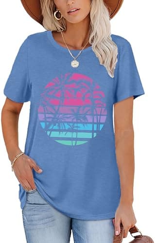 Summer T-Shirt Wave Coconut Tree Graphic Women Short Sleeve Casual Vacation Trip Tee Top
| MEESHEEP Women Summer Short — B-blue