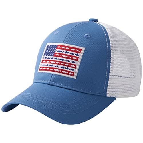 BASSDASH Altimate Fishing Hat Mesh Back Adjustable Baseball Trucker Cap for Men and Women Global Recycled Standard — Marina Blue/Fish Flag