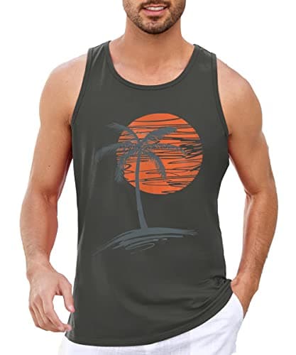 Damorong Mens Sleeveless Tank Tops Workout Gym Shirts - Vintage Style Palm Tree Print - Workout Comfortable T-Shirt
| D — Grey