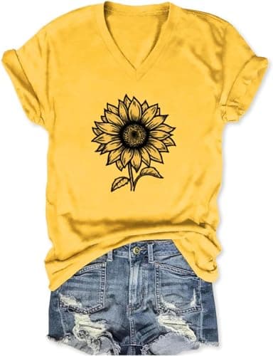 Women's Boho V-Neck Flowers T-Shirt Wildflowers Graphic Summer Tee
| Cute Women's V-Neck Wildflowers Graphic Short Slee — A-yellow1