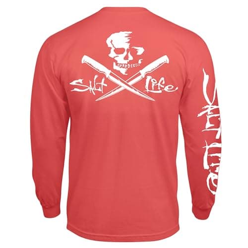 Salt Life Women's Classic Fit Long Sleeve Shirt Silver Skull and Fillet Design Fishing Outfit — Burnt Coral