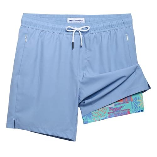 Maamgic 2 in 1 Mens Swim Trunks 7 Inch Swim Shorts - Recycled Material - Swimming, Beach - Durable and Comfortable - 32 — Graffiti Mist Blue