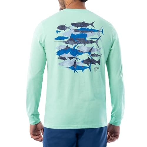 Guy Harvey Men's Billfish Collection Long Sleeve T-Shirt for Outdoor Adventures Features Modern Fishing Art Design Large — Beach Glass/Palm Silos