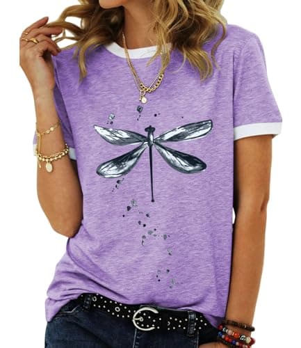 JNIFULI Women's Casual Summer Short Sleeve Graphic Tees Funny Dragonfly Printed Cute Tops
| JNIFULI Women's Funny Drago — Purple