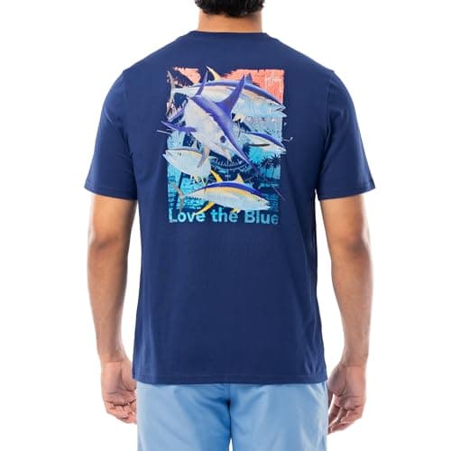 Guy Harvey Men’s Threadcycled Short Sleeve T-Shirt for Outdoor Adventures Comfort and Style — Navy/Tropic Sword