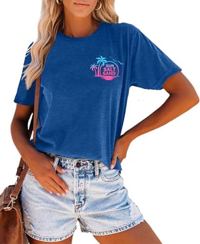 Summer T-Shirt Wave Coconut Tree Graphic Women Short Sleeve Casual Vacation Trip Tee Top
| MEESHEEP Women Summer Short — Sun-blue3