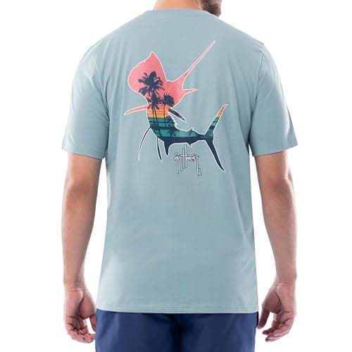 Guy Harvey Men’s Threadcycled Short Sleeve T-Shirt for Outdoor Adventures Comfort and Style — Stone Blue/Sunset Silhouette