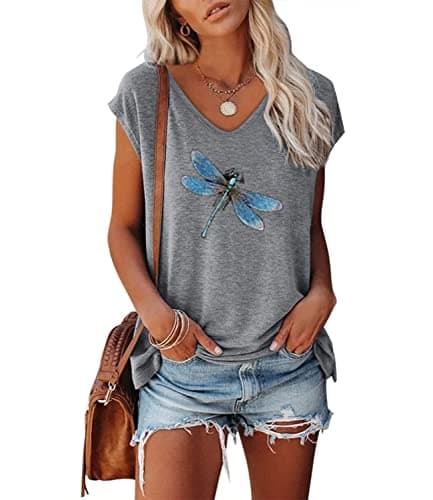 JNIFULI Women's Casual Summer Short Sleeve Graphic Tees Funny Dragonfly Printed Cute Tops
| JNIFULI Women's Funny Drago — Z-grey