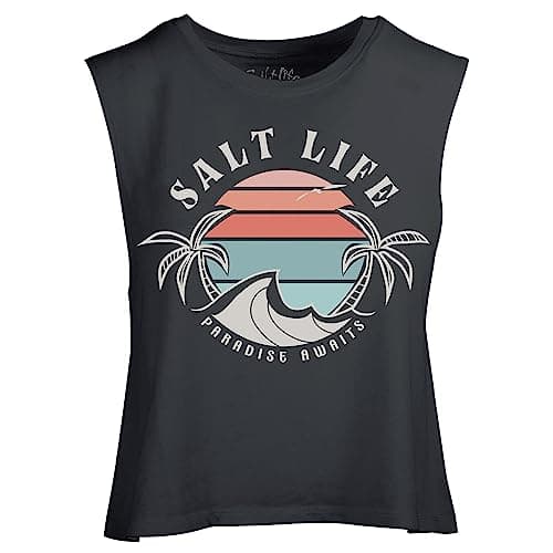 Salt Life Women's Paradise Bound Cropped Muscle Tank Top - Summer Fashion, Casual Wear, Beach Volleyball - Stretchy Fabr — Ebony