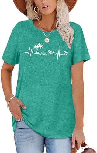 Summer T-Shirt Wave Coconut Tree Graphic Women Short Sleeve Casual Vacation Trip Tee Top
| MEESHEEP Women Summer Short — Cyan2