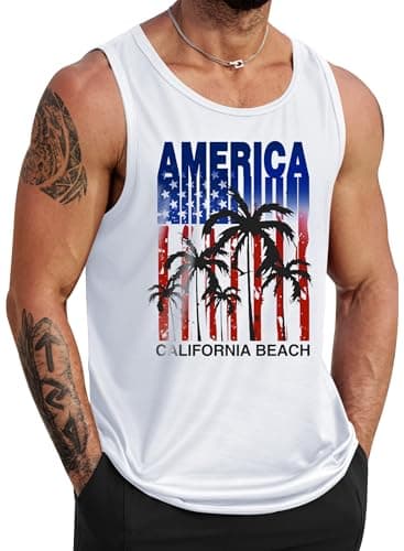 VOGSTART Mens Summer Beach Tank Tops Vacation Sleeveless Shirts (S-3XL)  
VOGSTART Mens Muscle Tank Tops for Summer Beac — White - American Flag