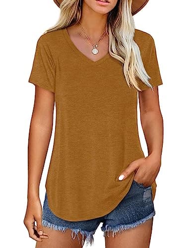 Amoretu Women's V Neck Casual Short Sleeve Tee Shirts Plain Blouses — Brown
