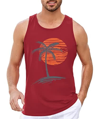 Damorong Mens Sleeveless Tank Tops Workout Gym Shirts - Vintage Style Palm Tree Print - Workout Comfortable T-Shirt
| D — Red