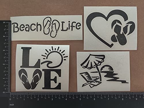 Beach Life Decals 4 Pack for Beach Lovers: Beach Life, Flip Flop Heart, Love, Chair Umbrella Sun (Black, Small ~|5")