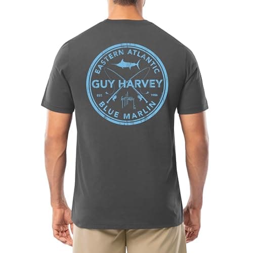Guy Harvey Men’s Short Sleeve Cotton Graphic T-Shirt for Outdoor Adventures featuring Sea Life Art, Size Medium, 100% Co — Charcoal Grey/Ea Blue Marlin