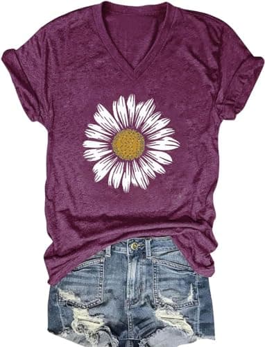 Women's Boho V-Neck Flowers T-Shirt Wildflowers Graphic Summer Tee
| Cute Women's V-Neck Wildflowers Graphic Short Slee — A-purple1