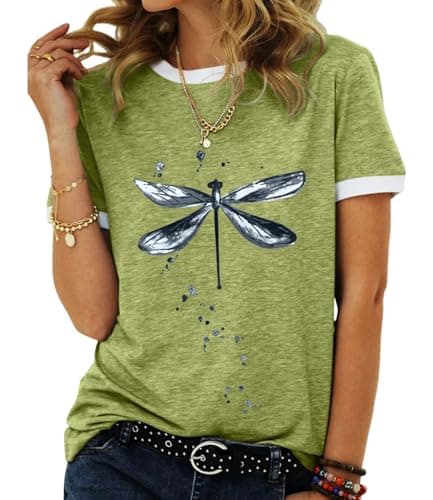 JNIFULI Women's Casual Summer Short Sleeve Graphic Tees Funny Dragonfly Printed Cute Tops
| JNIFULI Women's Funny Drago — Light Green