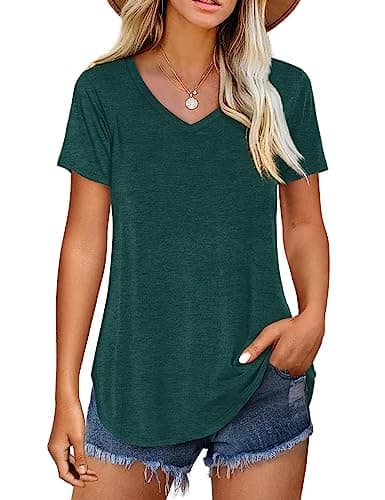 Amoretu Women's V Neck Casual Short Sleeve Tee Shirts Plain Blouses — Green