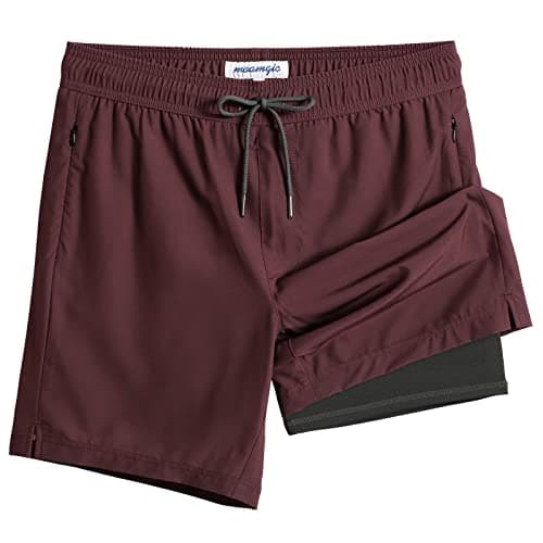 Maamgic 2 in 1 Mens Swim Trunks 7 Inch Swim Shorts - Recycled Material - Swimming, Beach - Durable and Comfortable - 32 — Green-wine