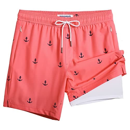 Maamgic 2 in 1 Mens Swim Trunks 7 Inch Swim Shorts - Recycled Material - Swimming, Beach - Durable and Comfortable - 32 — Anchor Pink