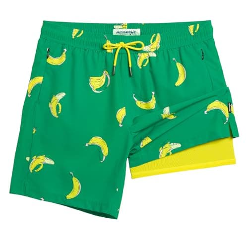 Maamgic 2 in 1 Mens Swim Trunks 7 Inch Swim Shorts - Recycled Material - Swimming, Beach - Durable and Comfortable - 32 — Falling Banana-green