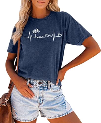 Summer T-Shirt Wave Coconut Tree Graphic Women Short Sleeve Casual Vacation Trip Tee Top
| MEESHEEP Women Summer Short — Darkblue