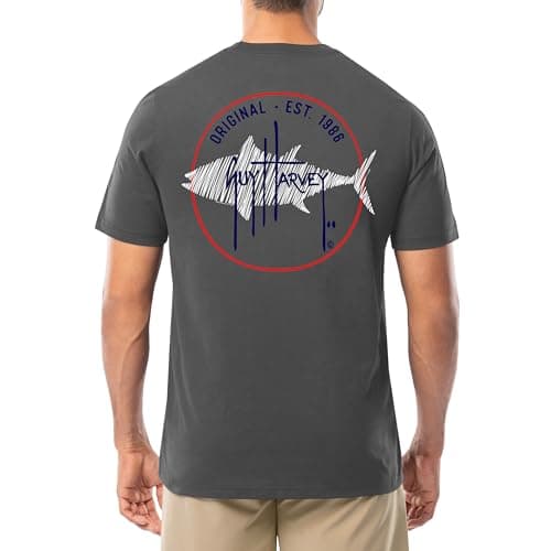 Guy Harvey Men’s Short Sleeve Cotton Graphic T-Shirt for Outdoor Adventures featuring Sea Life Art, Size Medium, 100% Co — Charcoal Grey/Scribble Original