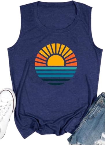 Coconut Tree Graphic Print Women Summer Workout Tank Top for Girls Sleeveless O Neck — Sunset Dark Blue