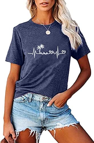 Fashvacation Sun Salt Sand Beach Tshirt for Women Summer Coconut Tree Graphic Casual Short Sleeve Loose Fit Tee — T06-greyblue