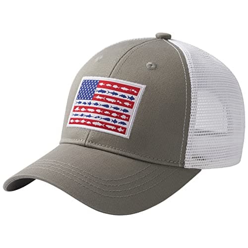BASSDASH Altimate Fishing Hat Mesh Back Adjustable Baseball Trucker Cap for Men and Women Global Recycled Standard — Grey/Fish Flag