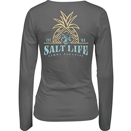 Salt Life Women's Pineapple Resort Long Sleeve V-Neck Tee + Size+Color + Beach Vacation + Easy Wear + Soft Fabric + Shor — Frost Grey