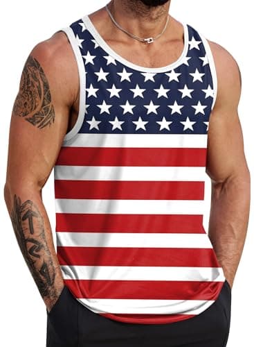 VOGSTART Mens Summer Beach Tank Tops Vacation Sleeveless Shirts (S-3XL)  
VOGSTART Mens Muscle Tank Tops for Summer Beac — Navy - American Flag