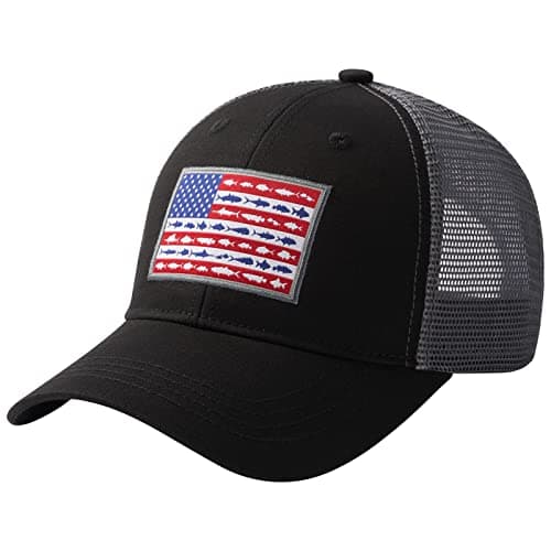 BASSDASH Altimate Fishing Hat Mesh Back Adjustable Baseball Trucker Cap for Men and Women Global Recycled Standard — Black/Fish Flag