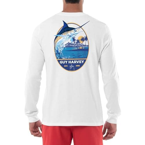 Guy Harvey Men's Billfish Collection Long Sleeve T-Shirt for Outdoor Adventures Features Modern Fishing Art Design Large — Bright White/Blue Hawaiian