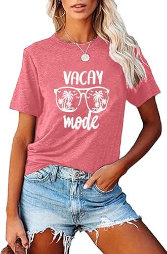 Fashvacation Sun Salt Sand Beach Tshirt for Women Summer Coconut Tree Graphic Casual Short Sleeve Loose Fit Tee — T35-pink