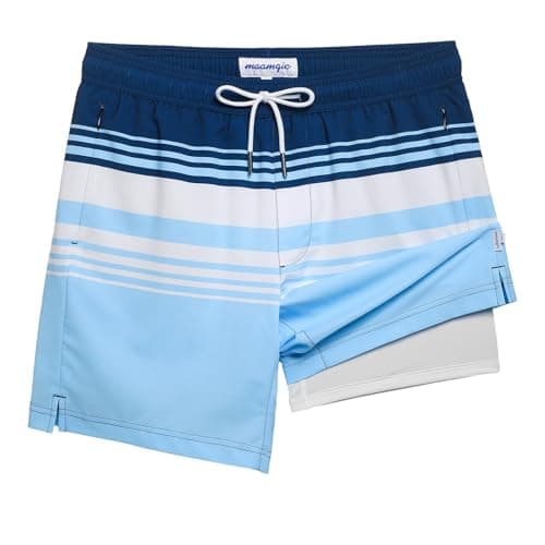 Maamgic 2 in 1 Mens Swim Trunks 7 Inch Swim Shorts - Recycled Material - Swimming, Beach - Durable and Comfortable - 32 — Blue-white Horizontal Stripe