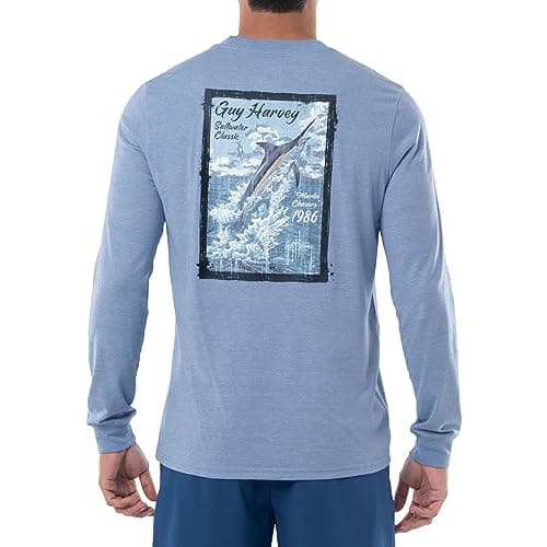 Guy Harvey Men's Billfish Collection Long Sleeve T-Shirt for Outdoor Adventures Features Modern Fishing Art Design Large — Coastal Blue Heather/Marlin Chaser