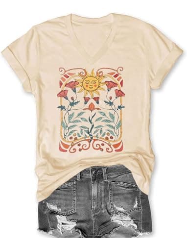 Women's Boho V-Neck Flowers T-Shirt Wildflowers Graphic Summer Tee
| Cute Women's V-Neck Wildflowers Graphic Short Slee — C-beige1