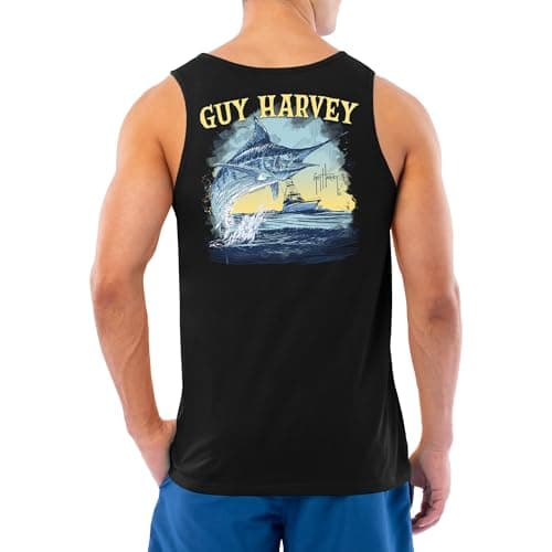 Guy Harvey Men's Fish Graphic Tank Top for Outdoor Adventures Bright Sun Protection — Caviar/Sketchy Blue