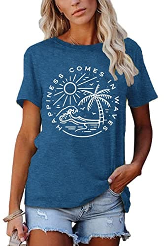 Summer T-Shirt Wave Coconut Tree Graphic Women Short Sleeve Casual Vacation Trip Tee Top
| MEESHEEP Women Summer Short — Blue