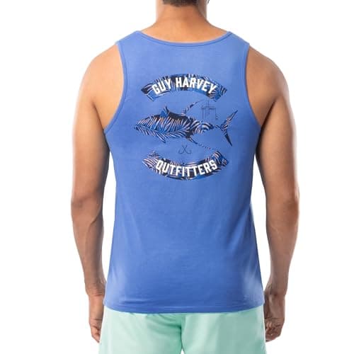 Guy Harvey Men's Fish Graphic Tank Top for Outdoor Adventures Bright Sun Protection — Azure Blue/Tropic Tuna